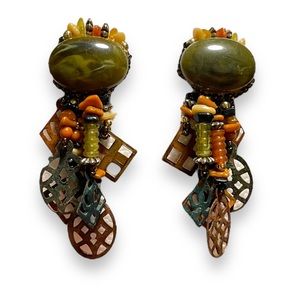 Multicolored dangle vintage beaded and brass earrings.